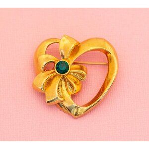 Vintage Jade Heart Wrap Brooch | Dark Green Rhinestone Brooch | Avon | H24